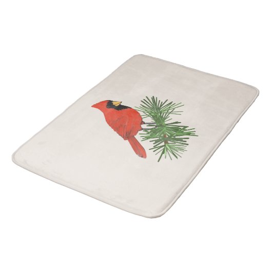 Roter Kardinal Bird auf Pine Tree Badematte (Schrägansicht)