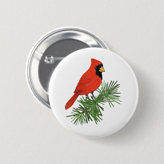 Roter Kardinal Bird auf Pine Tree Button (Vorne & Hinten)