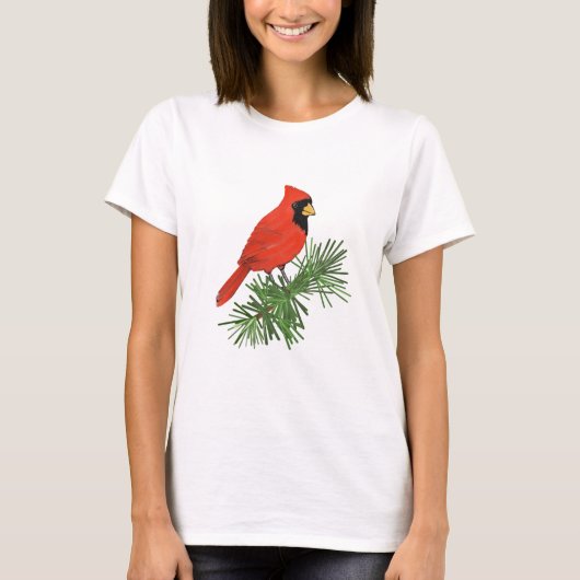 Roter Kardinal Bird auf Pine Tree T-Shirt (Vorderseite)