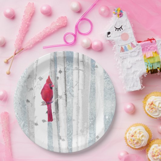 Roter Kardinal Bird in schönem, schneebedecktem Bi Pappteller (Party)