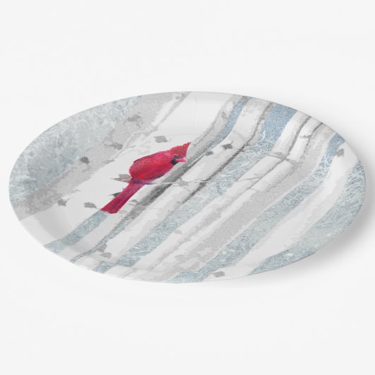 Roter Kardinal Bird in schönem, schneebedecktem Bi Pappteller (Schrägansicht)