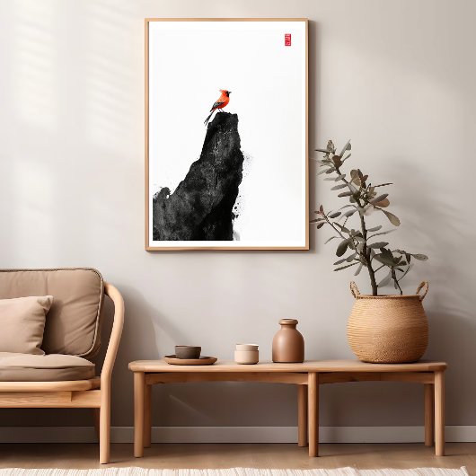 Roter Kardinal Bird on Ink Wash Rock - Zen Art Can Leinwanddruck