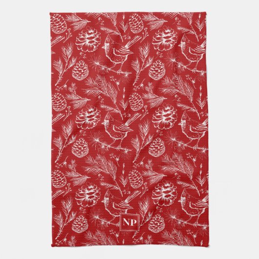 Roter Kardinal Bird, Pine and Winter Berries Geschirrtuch (Vertikal)