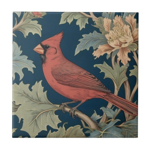 Roter Kardinal Bird William Morris Stil links gege Fliese (Vorderseite)