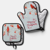 Roter Kardinal Birds Bäume Schnee Weihnachten Ofenhandschuh & Topflappen-Set (Vorderseite/Rückseite)