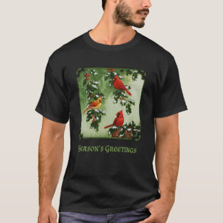 Roter Kardinal Birds Weihnachten Holly Berries Blä T-Shirt