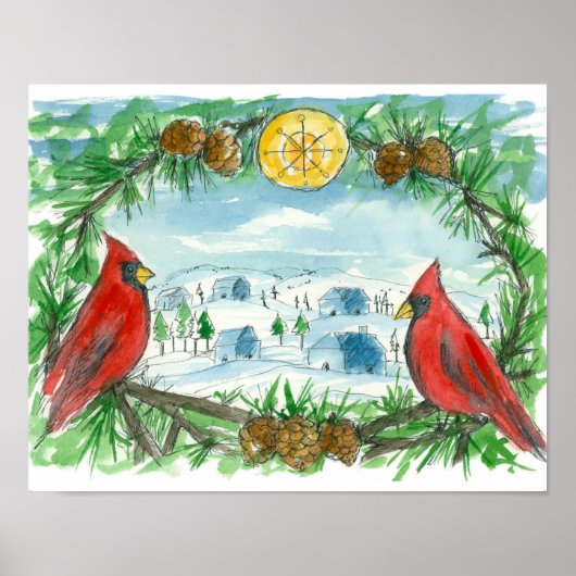 Roter Kardinal Birds Winter Snow Village Malerei Poster (Vorne)