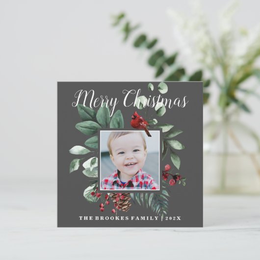 Roter Kardinal Blauer Weihnachts-Fotokarte (Stehend Vorderseite)