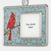 Roter Kardinal, der Weihnachtsvogel Rahmen-Ornament Silber (Links)