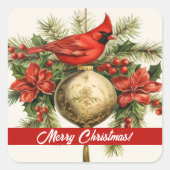 Roter Kardinal Frohe Weihnachtsaufkleber Quadratischer Aufkleber (Vorderseite)