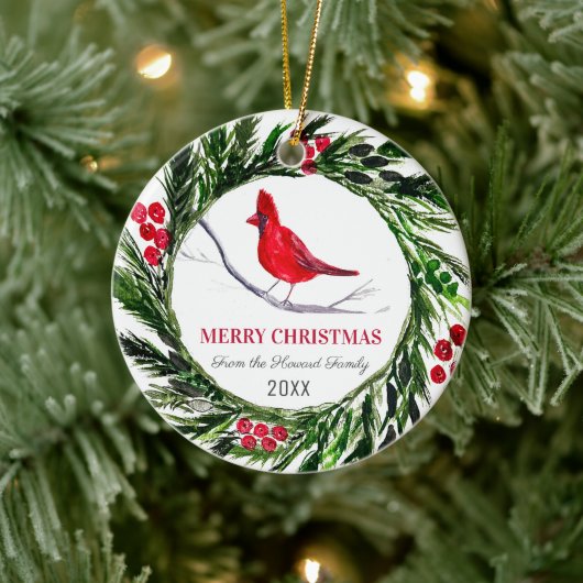 Roter Kardinal Frohe Weihnachtsbird Winter Keramik Ornament (Baum)