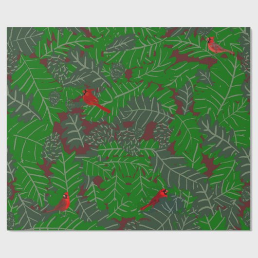 Roter Kardinal Grüne Blätter Braune Pine Cones Aco Geschenkpapier (Flach)