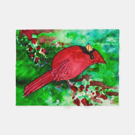 Roter Kardinal Grüner Wald Wasserfarbe Fleecedecke (Vorderseite (Horizontal))