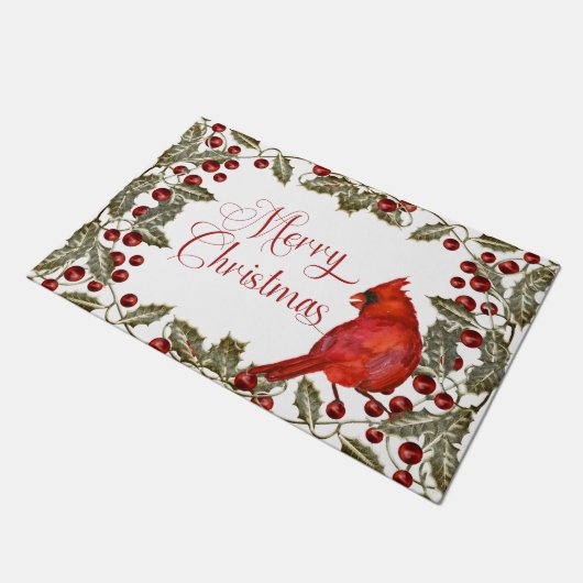 Roter Kardinal Holly und Red Berries Frohe Weihnac Fußmatte (Schrägansicht)