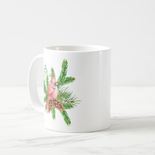 Roter Kardinal im Winter Evergreens Kaffeetasse (Vorderseite Links)