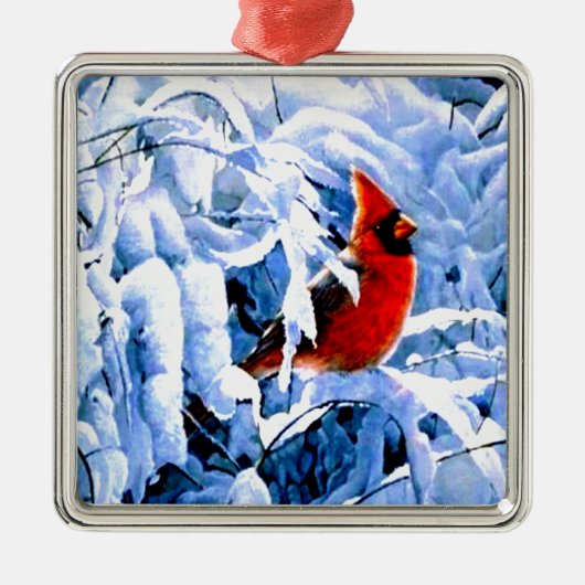 Roter Kardinal im Winterschnee Ornament Aus Metall (Vorne)