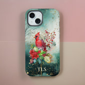 Roter Kardinal in Berries im grünen Wald - Initial iPhone 15 Hülle