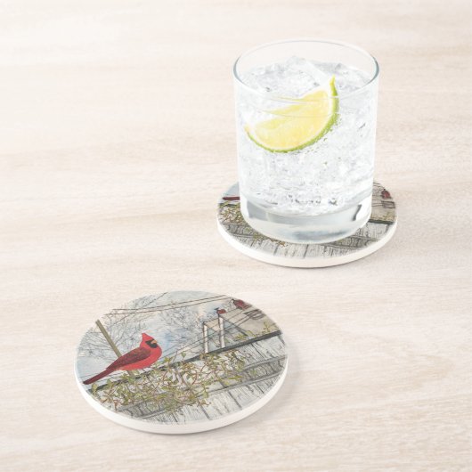 Roter Kardinal in der Stadt Sandstone Untersetzer (Seite)