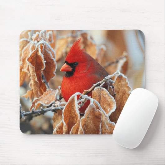 Roter Kardinal in frostigen Herbstblättern Mousepad (Mit Mouse)
