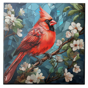 Roter Kardinal-Inspirierter Vogel mit weißen Blüte Fliese