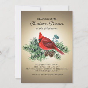 Roter Kardinal Kiefernzweige Weihnachtsessen Einladung