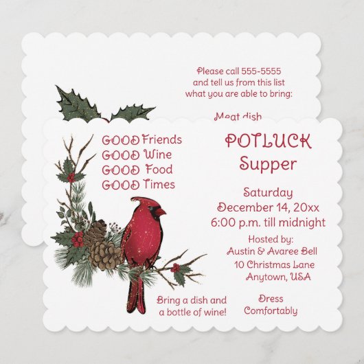 Roter Kardinal-Kranz-Weihnachts-Potluck-Abendessen Einladung (Vorne/Hinten)