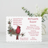 Roter Kardinal-Kranz-Weihnachts-Potluck-Abendessen Einladung (Stehend Vorderseite)