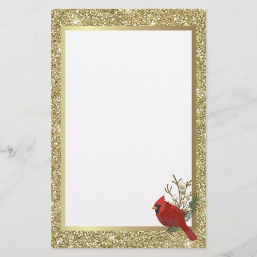 Roter Kardinal mit Glittery Gold Border Briefpapier (Vorderseite)