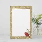 Roter Kardinal mit Glittery Gold Border Briefpapier (Stehend Vorderseite)