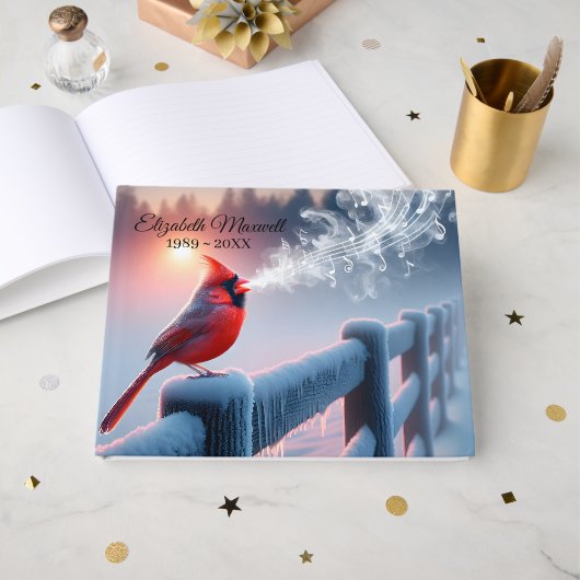 Roter Kardinal mit musikalischer Note Gästebuch (Vorderseite Offen)