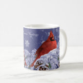 Roter Kardinal mit schneebedeckten Fichtenspitzen Kaffeetasse (VorderseiteRechts)