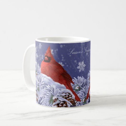 Roter Kardinal mit schneebedeckten Fichtenspitzen Kaffeetasse (Vorderseite Links)