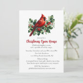 Roter Kardinal mit Stechpalme Weihnachts-Open-Hous Einladung (Stehend Vorderseite)