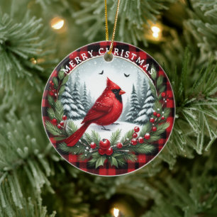 Roter Kardinal mit Stechpalmenbeeren Keramik Ornament