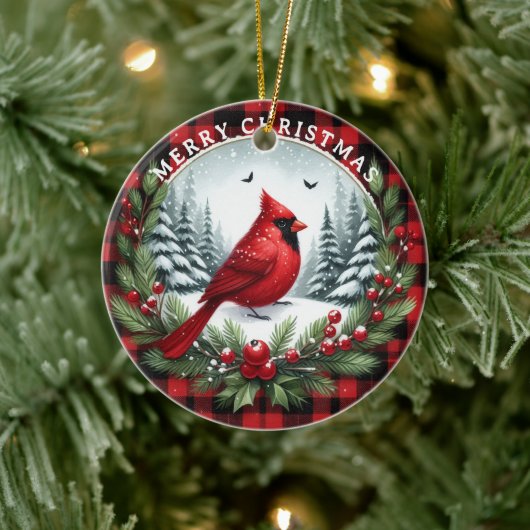 Roter Kardinal mit Stechpalmenbeeren Keramik Ornament (Baum)