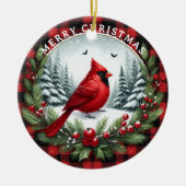Roter Kardinal mit Stechpalmenbeeren Keramik Ornament (Vorne)