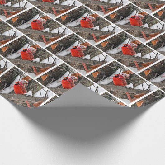 Roter Kardinal mit Winterhut Geschenkpapier (Ecke)