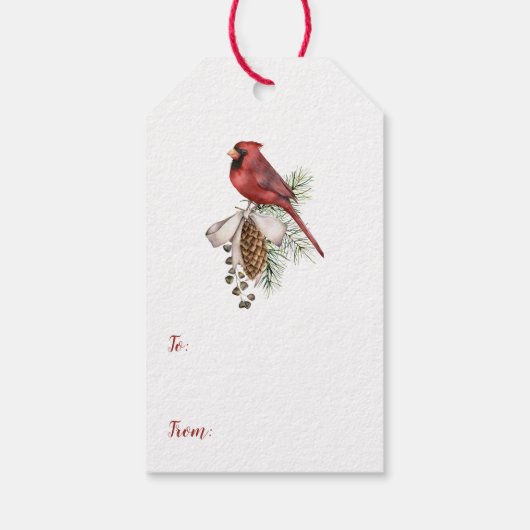 Roter Kardinal Pine Branch Pine Cones Weihnachten Geschenkanhänger (Rückseite)