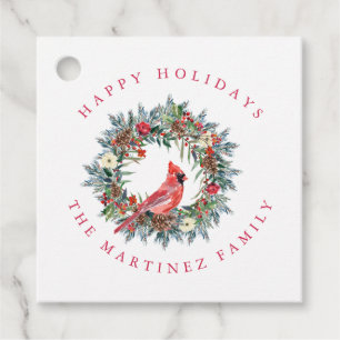 Roter Kardinal Pine Wreath Happy Holidays Gift Tag Geschenkanhänger