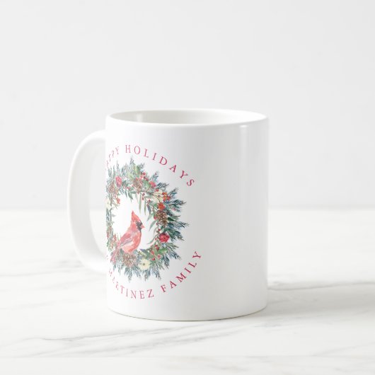 Roter Kardinal Pine Wreath Happy Holidays Kaffeetasse (Vorderseite Links)