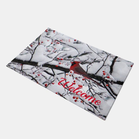Roter Kardinal Schneebaum Foto Fußmatte (Schrägansicht)