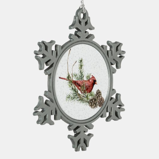 Roter Kardinal Schneeflocken Zinn-Ornament (Links)