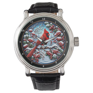 Roter Kardinal Schneeiger Zweig Armbanduhr