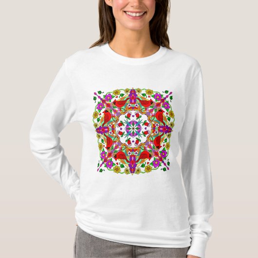 Roter Kardinal und farbenfrohe Blume Mandala T-Shirt (Vorderseite)
