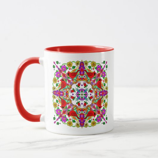 Roter Kardinal und farbenfrohe Blume Mandala Tasse (Links)