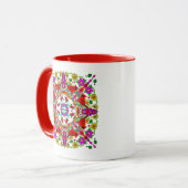 Roter Kardinal und farbenfrohe Blume Mandala Tasse (Vorderseite Links)