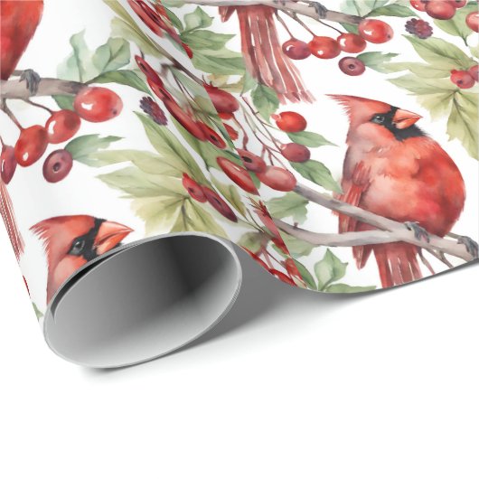 Roter Kardinal und Red Berry Branch Weihnachten Geschenkpapier (Rolleneckpunkt)