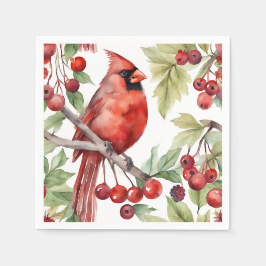 Roter Kardinal und Red Berry Branch Weihnachten Serviette (Vorderseite)