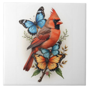 roter Kardinal und Schmetterlinge Fliese