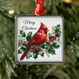 Roter Kardinal und Stechpalme zu Weihnachten Ornament Aus Metall